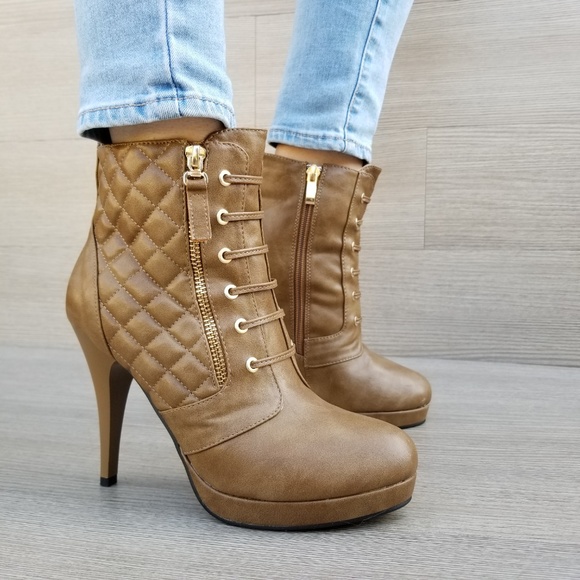 Shoes - Khaki Platform High Heel Boots Light Fur inside